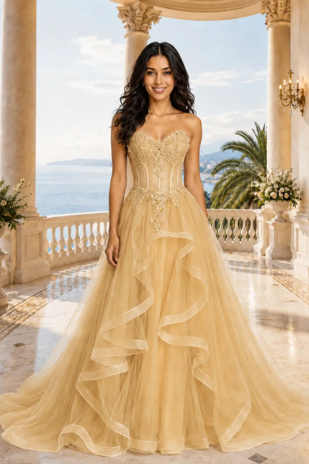A-line/Princess Sweetheart Sleeveless Sweep Train Tulle Prom Dresses With Beading Appliqued KAIDRESS