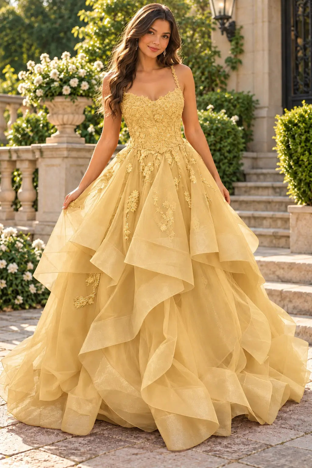 A-line Princess V Neck Floor-Length Tulle Prom Dresses with Appliqued