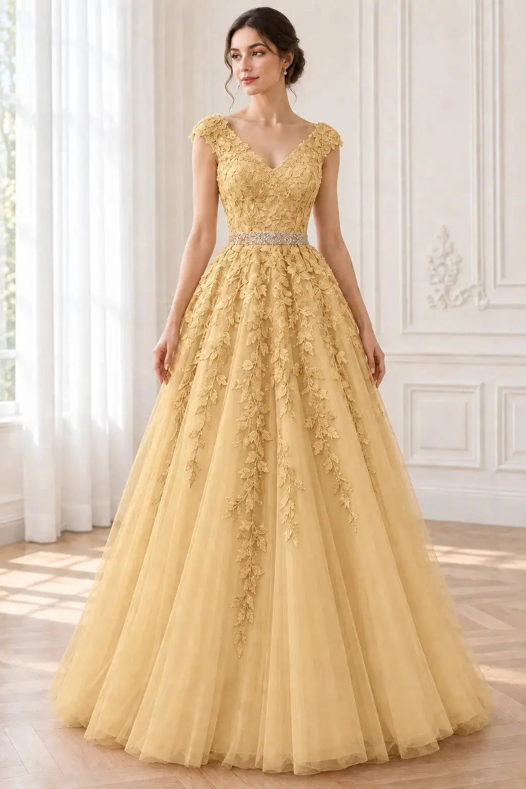 A-Line/Princess V-Neck Sleeveless Floor-Length Applique Tulle Prom Dresses KAIDRESS