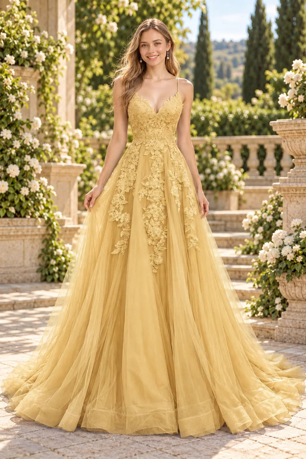 A-line V Neck Spaghetti Straps Sweep Train Tulle Prom Dress With Appliqued