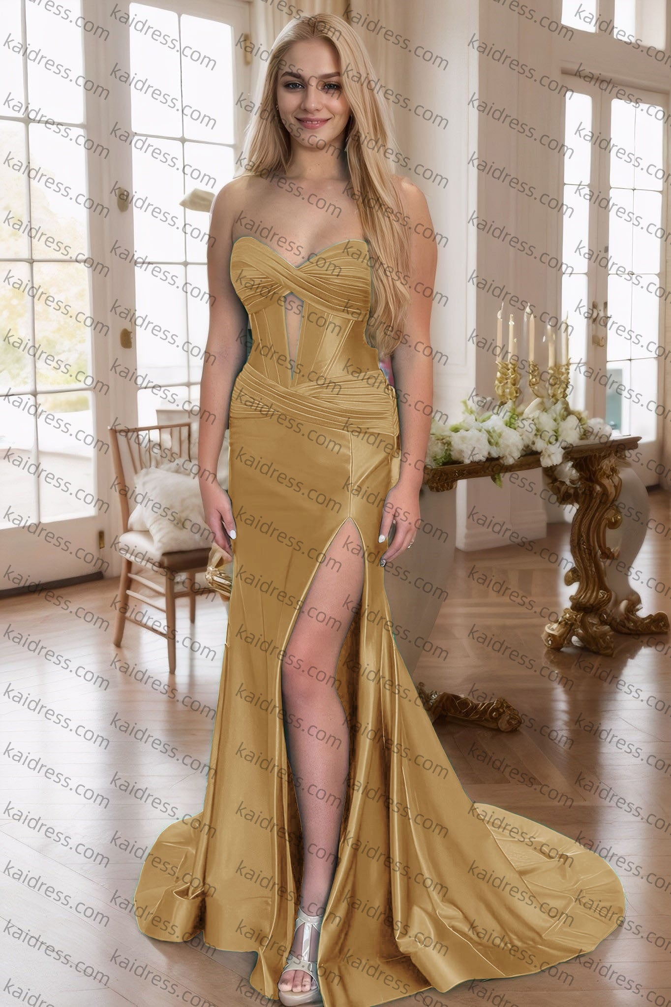 Green Silk Strapless Mermaid Prom Dresses Long Formal Evening Gown with Slit