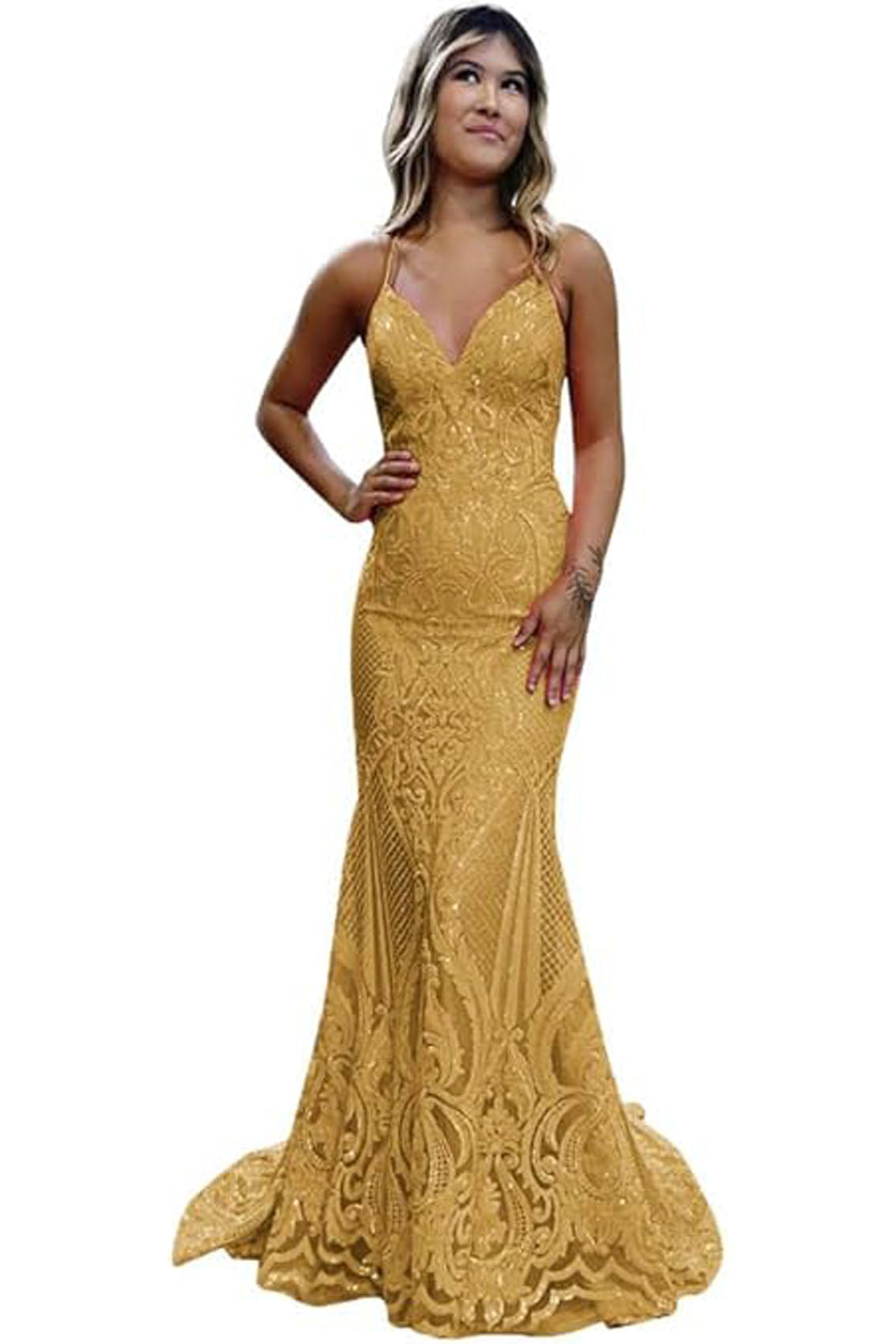 Trumpet/Mermaid V Neck Sleeveless Sweep Train Allover Sparkly Sequined Lace Prom Dress