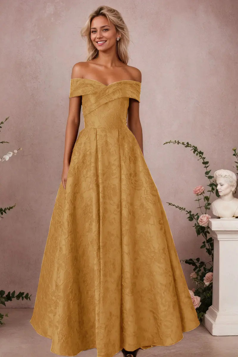 A-Line Off Shoulder Satin Burgundy Long Prom Dress Floral Jacquard Formal Ball Gowns - KAIDRESS