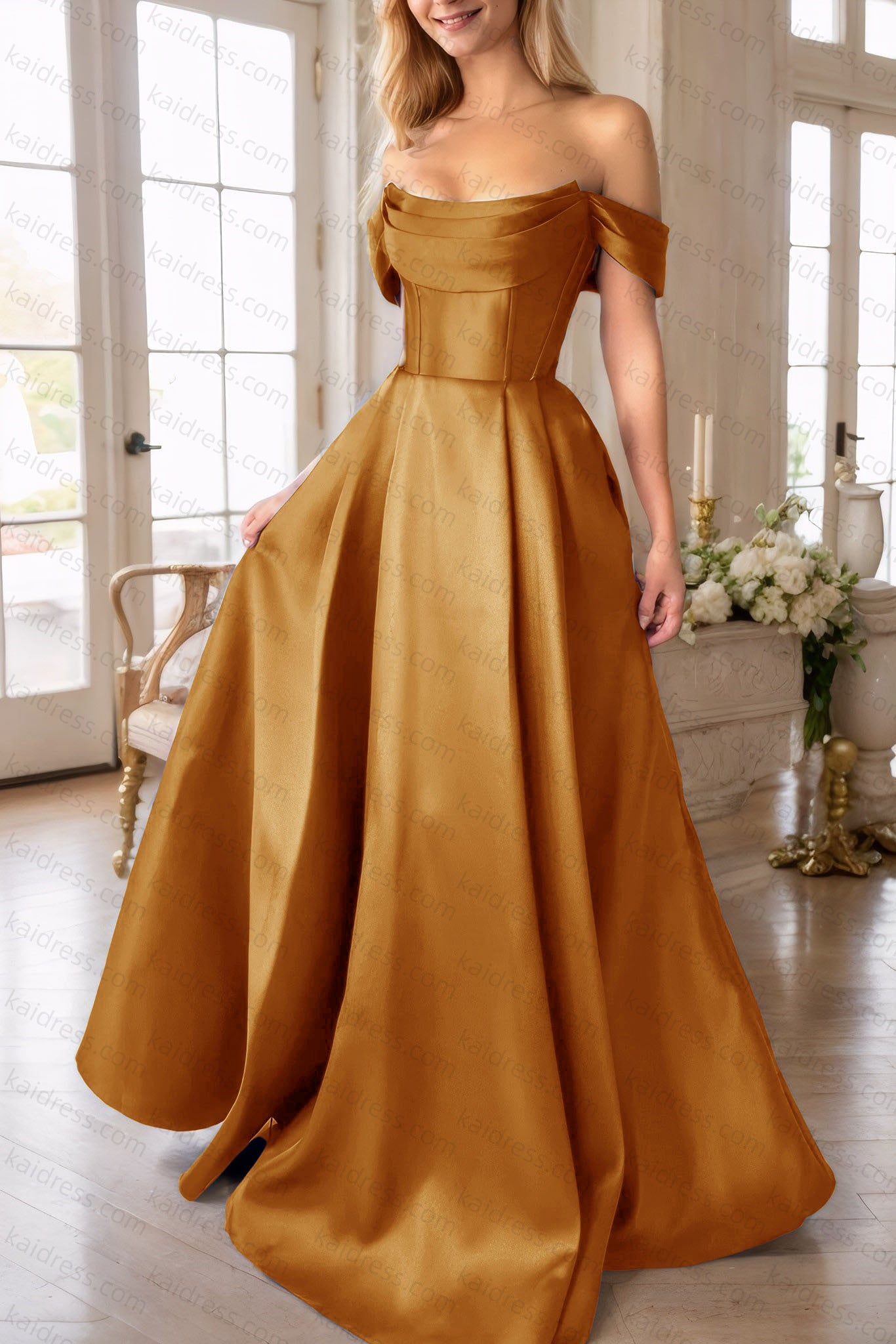 A-Line Satin Long Prom Dress, Simple Off the Shoulder Evening Party Dress With Pockets
