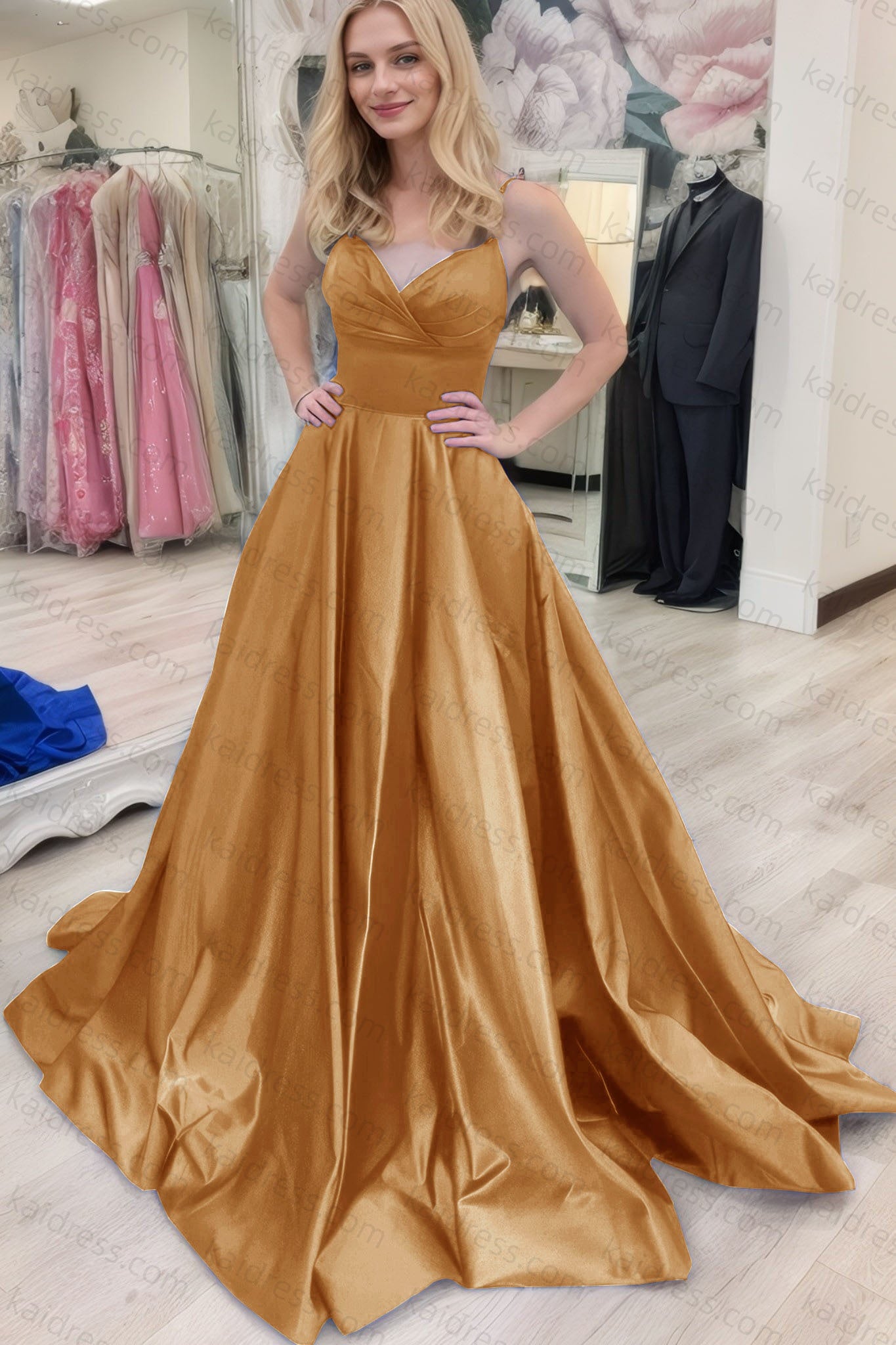 A-line V Neck Sleeveless Court Train Satin Prom Dresses With Bowknot Pleated Waistband