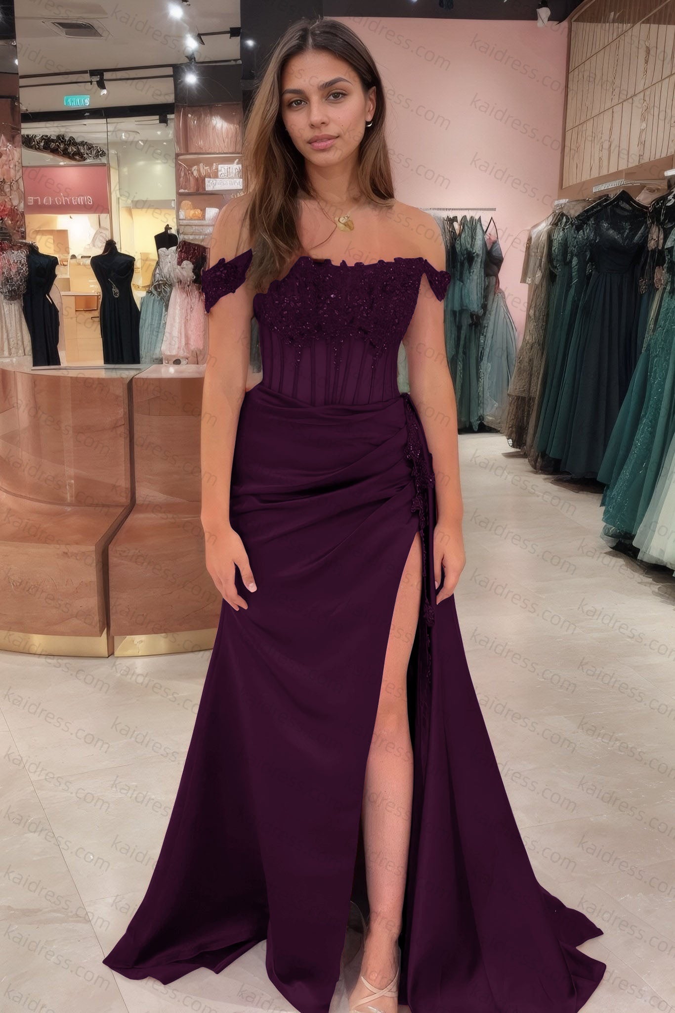 Sheath/Column Off the Shoulder Satin Beaded Prom Dress Burgundy With Appliques Prom Gown