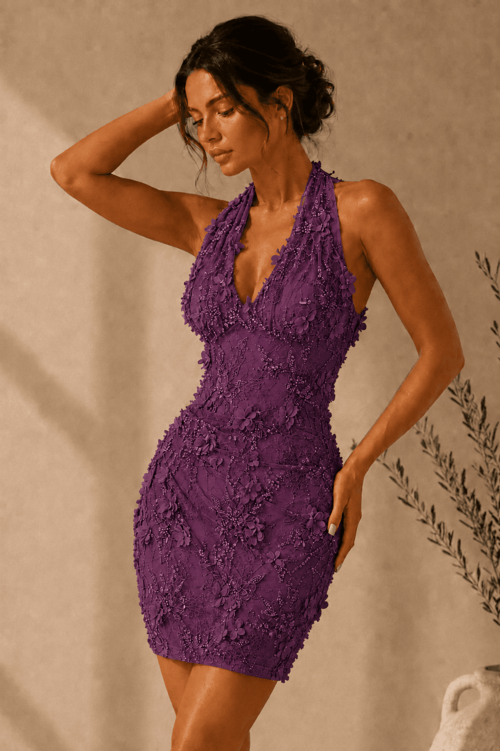 Sheath/Column Dreamy Lace 3D Floral Halter Homecoming Dress KAIDRESS