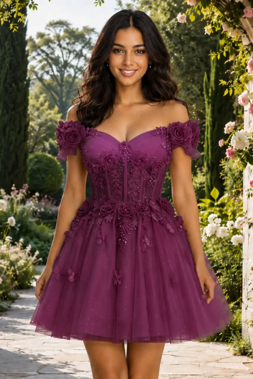 A-line Off-the-Shoulder Tulle Short/Mini Homecoming Dress with Appliqued Flowers Sequins KAIDRESS
