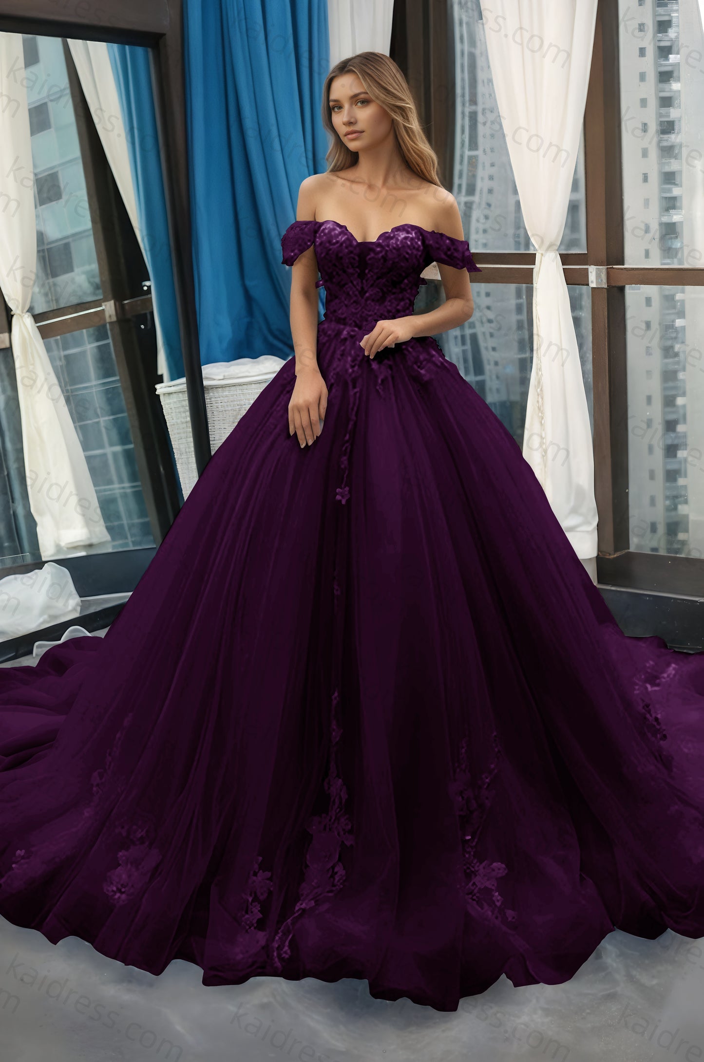 A-Line Off the Shoulder Tulle Applique Long Quinceañera Dresses Blue Formal Prom Dress