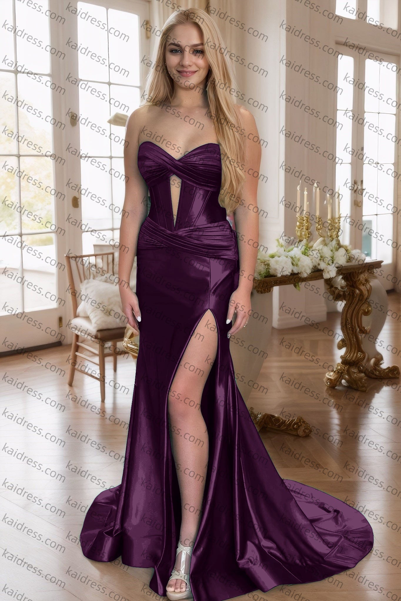 Green Silk Strapless Mermaid Prom Dresses Long Formal Evening Gown with Slit