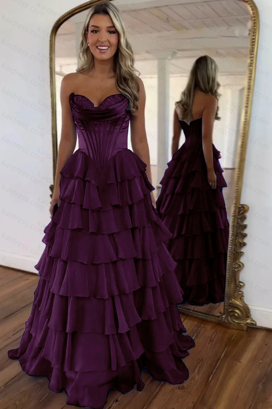 A Line Blue Sweetheart Chiffon Ruffled Long Corset Prom Dress with Slit