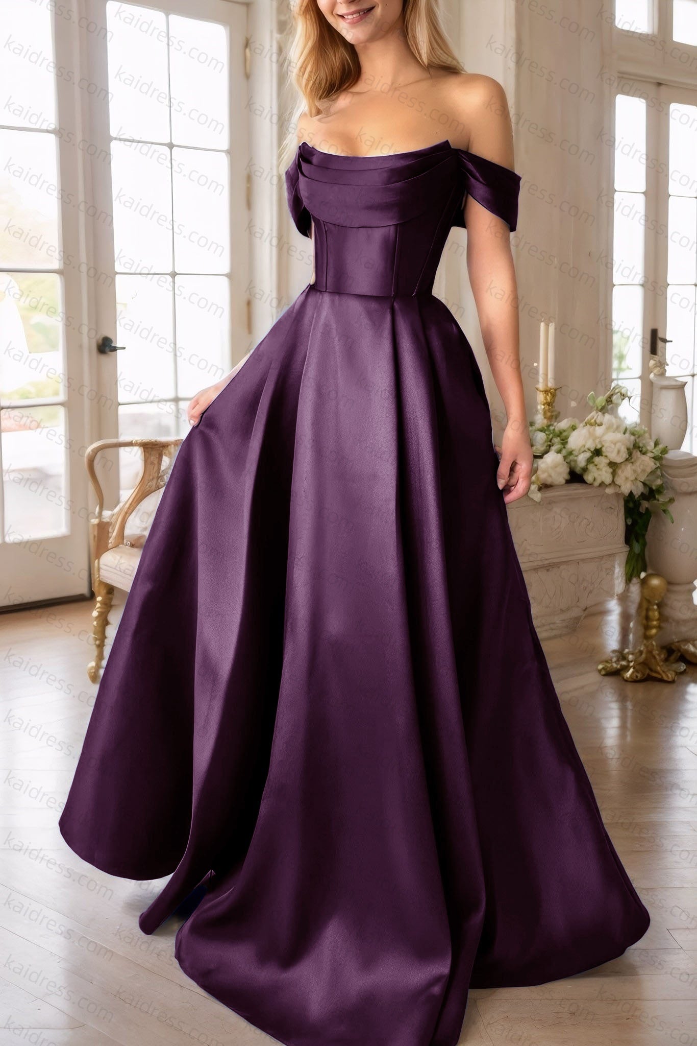 A-Line Satin Long Prom Dress, Simple Off the Shoulder Evening Party Dress With Pockets