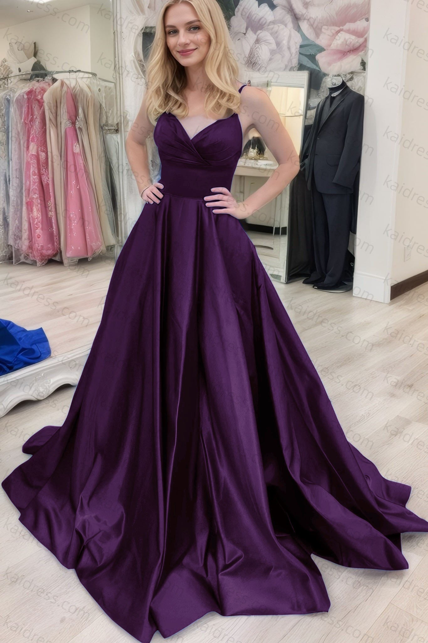 A-line V Neck Sleeveless Court Train Satin Prom Dresses With Bowknot Pleated Waistband