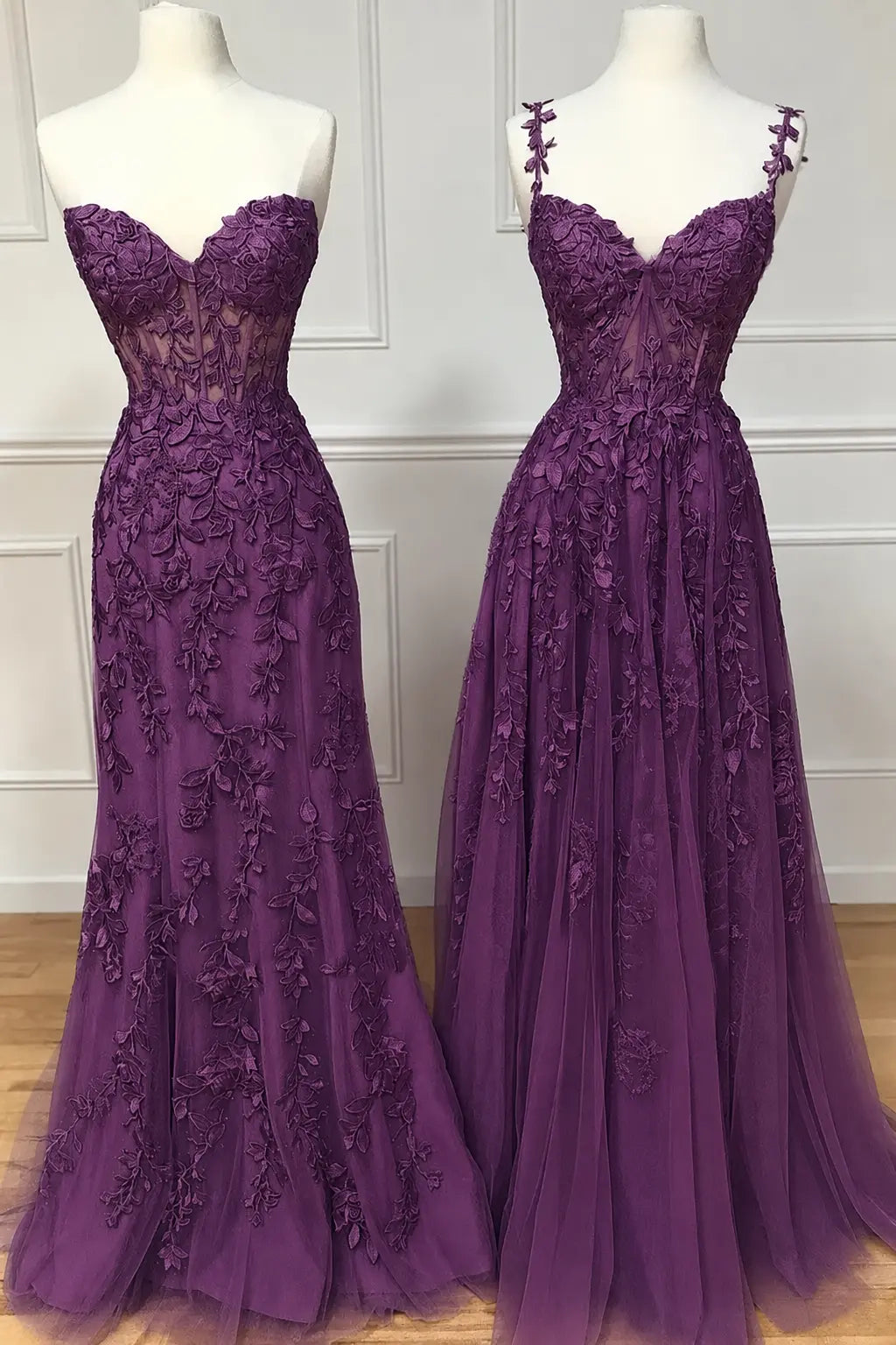 A-line Sweetheart Spaghetti Straps Sweep Train Lace Prom Dress With Beading Kaidress