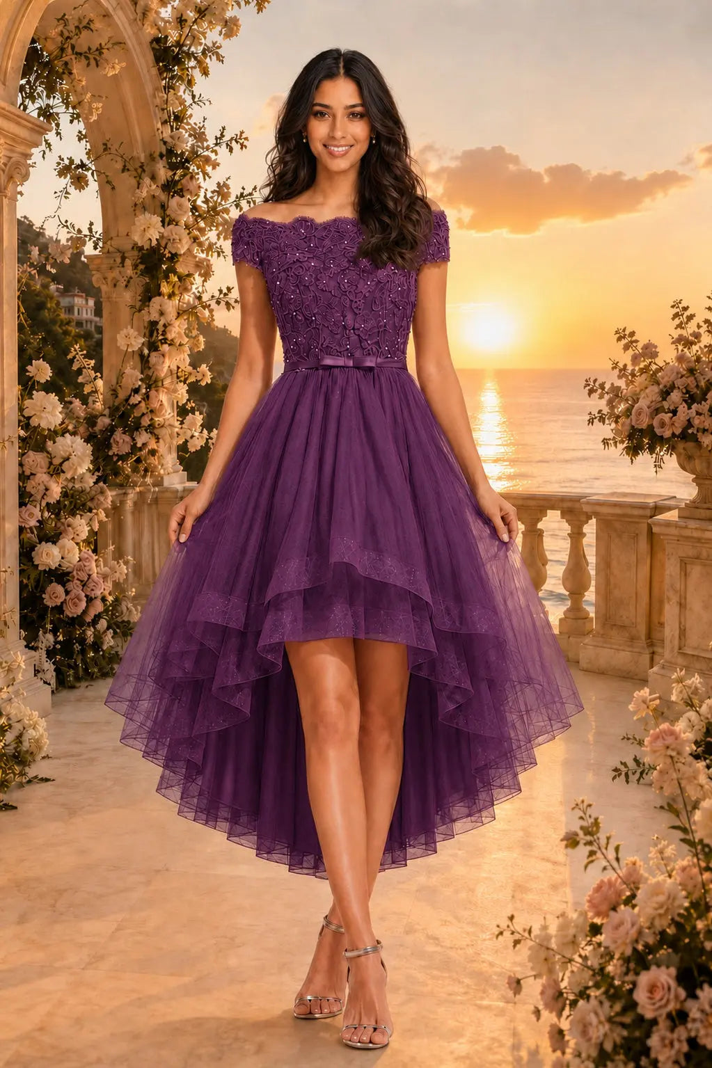 Burgundy Off the Shoulder A Line Strapless Lace Tulle Asymmetrical Dress KAIDRESS