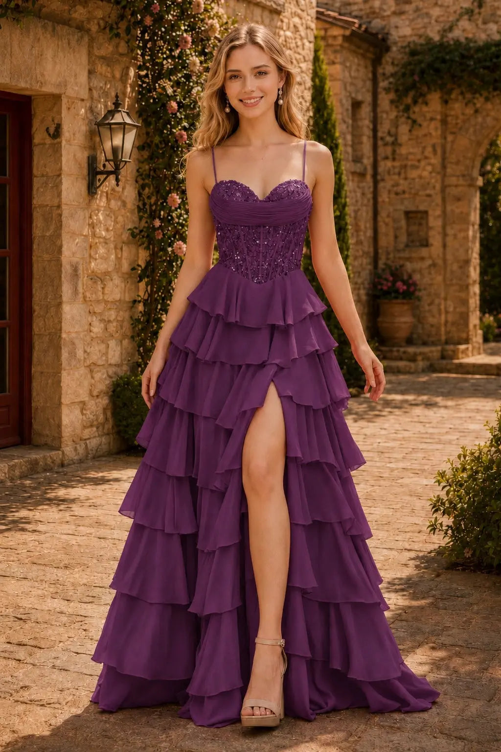 Spaghetti Straps Sweetheart Embellished Corset Chiffon Slit Ruffle Prom Dress with Detachable Straps