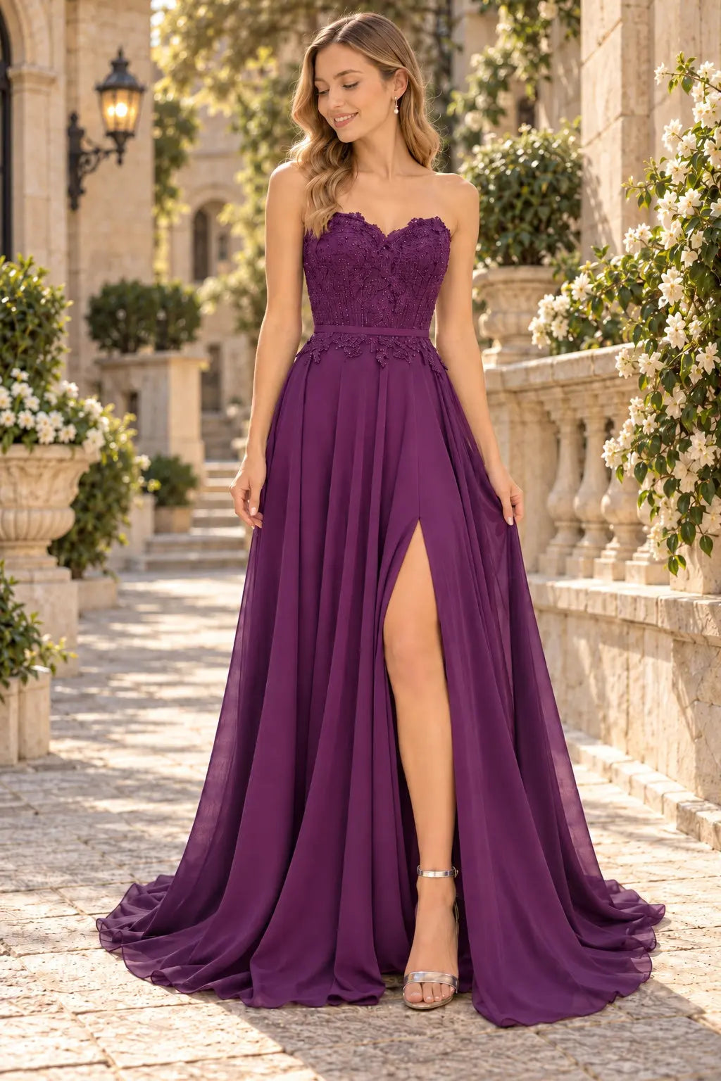 A-line Sweetheart Sweep Train Chiffon Prom Dresses With Lace Beading Split