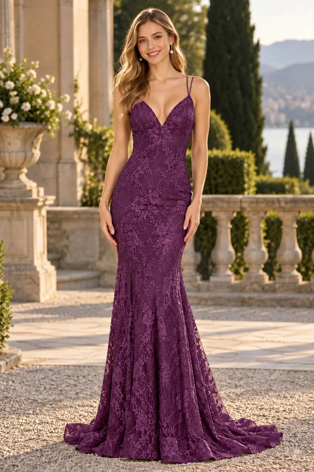 Mermaid V-neck Backless Sleeveless Lace Red Formal Prom Dresses Long Slit Evening Gowns