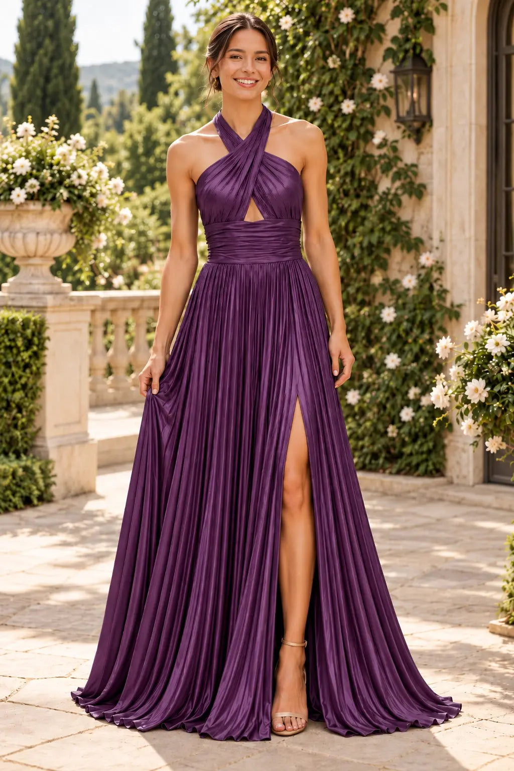 Glitter Green Halter Cut Out Backless Pleats Long Prom Dress with Slit