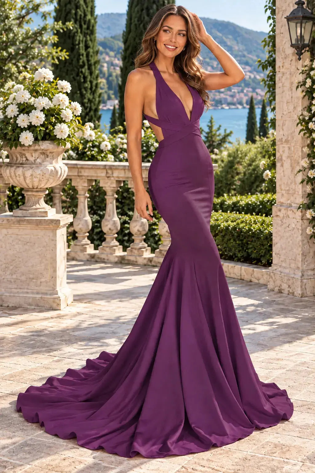 Trumpet/Mermaid Jersey Sleeveless Court Train Prom Dresses Long V Neck Backless Red Prom Gown KAIDRESS