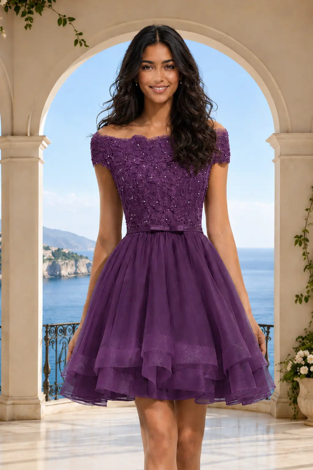Burgundy Lace Off Shoulder A Line Short Homecoming Dress KAIDRESS
