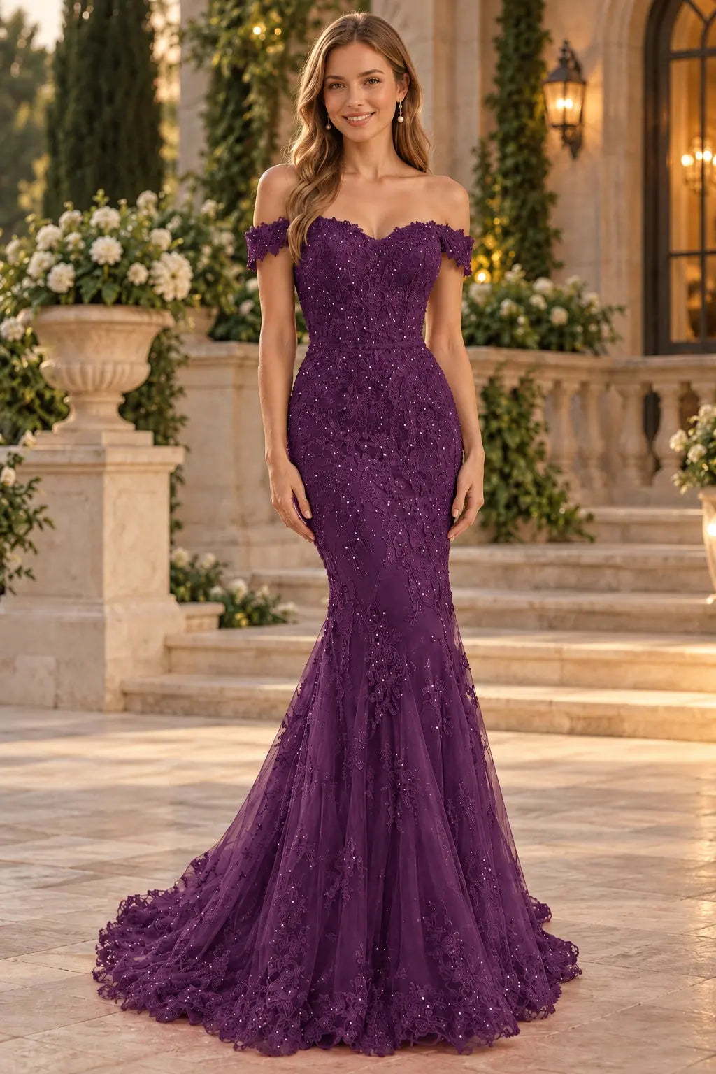 Lace Long/Floor-Length Trumpet/Mermaid Sleeveless Off-The-Shoulder Zipper Prom Dresses With Appliqued Beaded