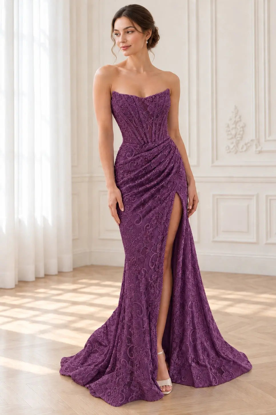 Sheath/Column Off the Shoulder Sleeveless Prom Dresses Long Lace Formal Evening Gowns