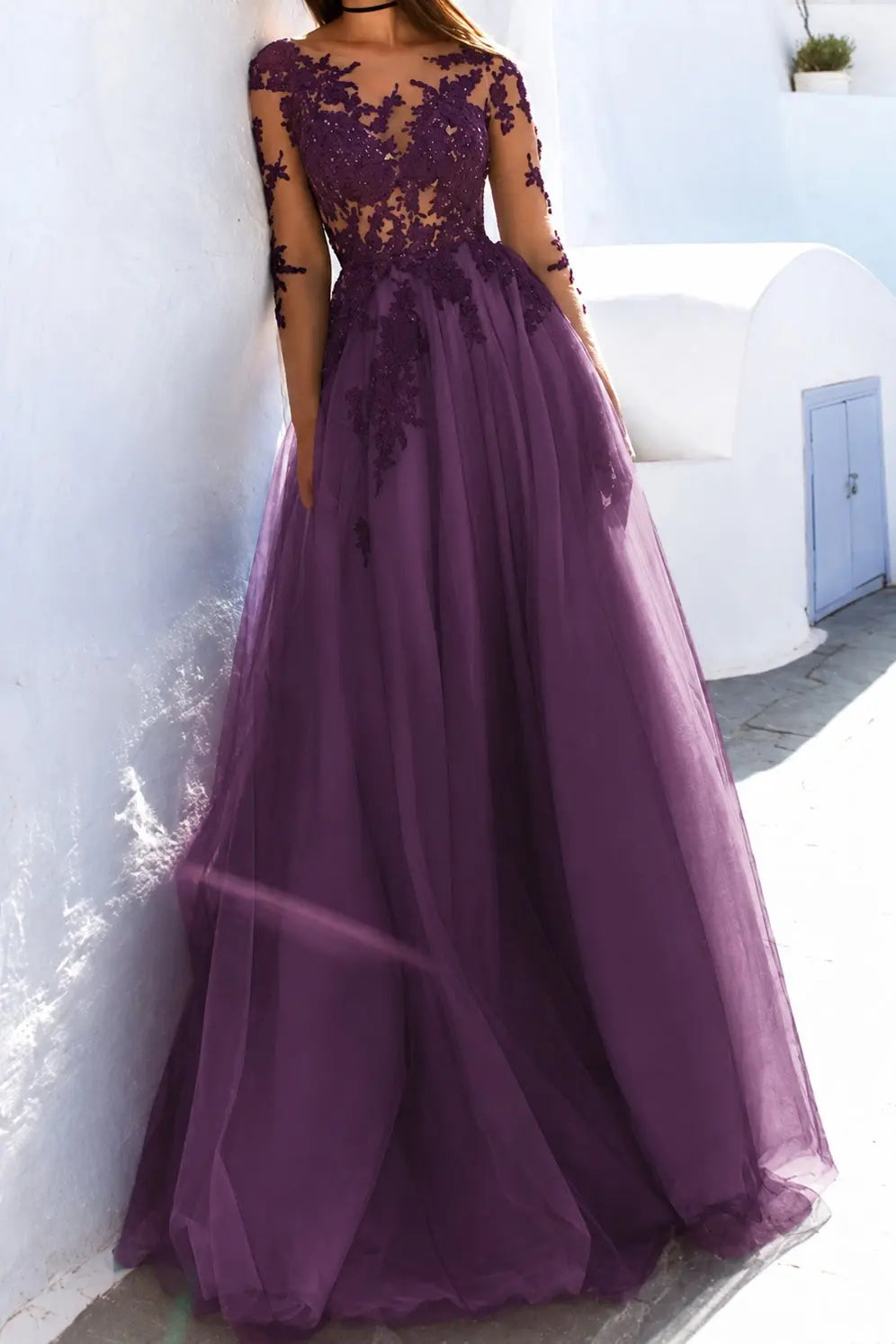 A-Line Scoop Long Sleeves Floor-Length With Applique Tulle Prom Dresses