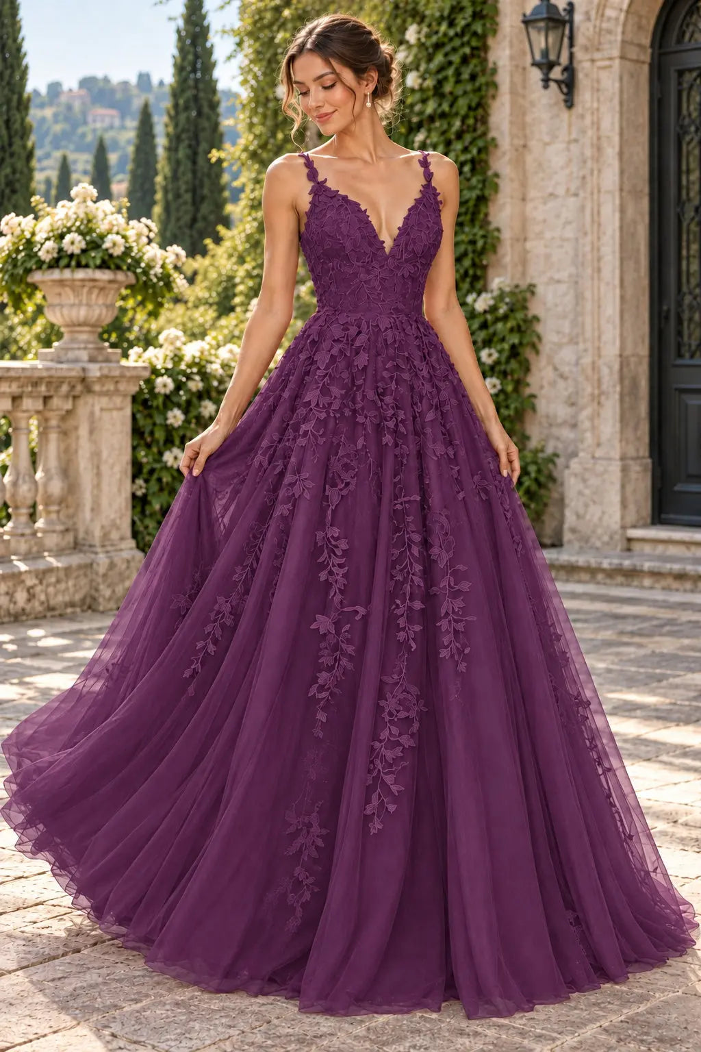 A-Line Lace Prom Dresses Long V Neck Sleeveless Formal Maxi Dress