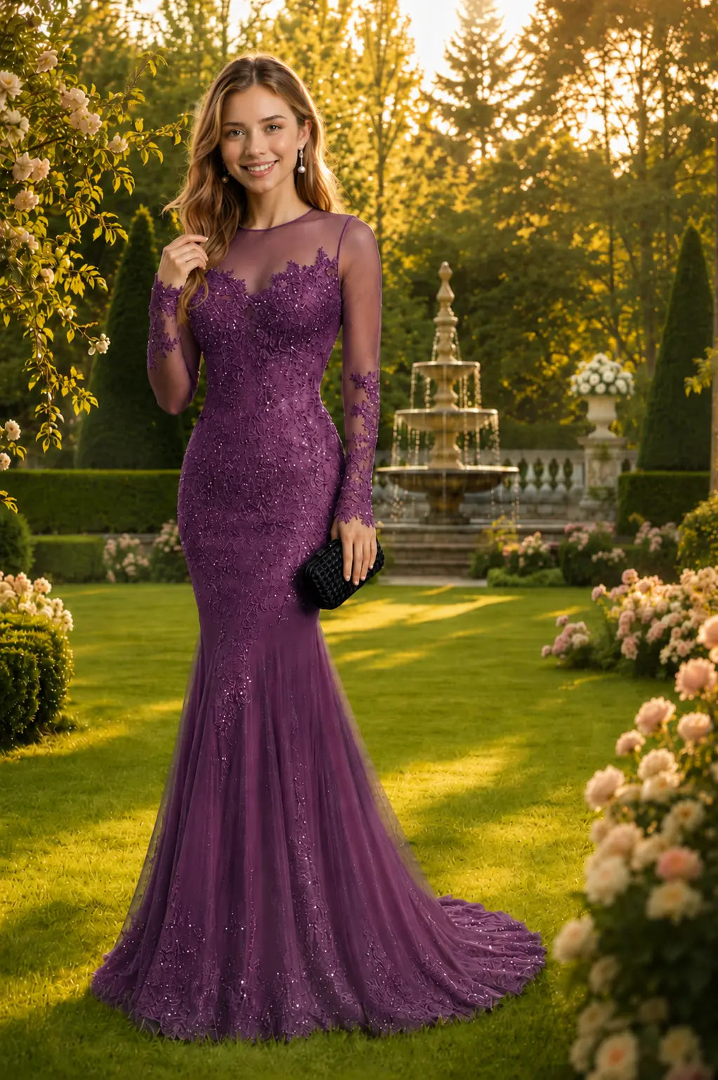 Trumpet/Mermaid Long Sleeves Sheer Neck Sweep/Brush Train Applique Prom Dresses KAIDRESS