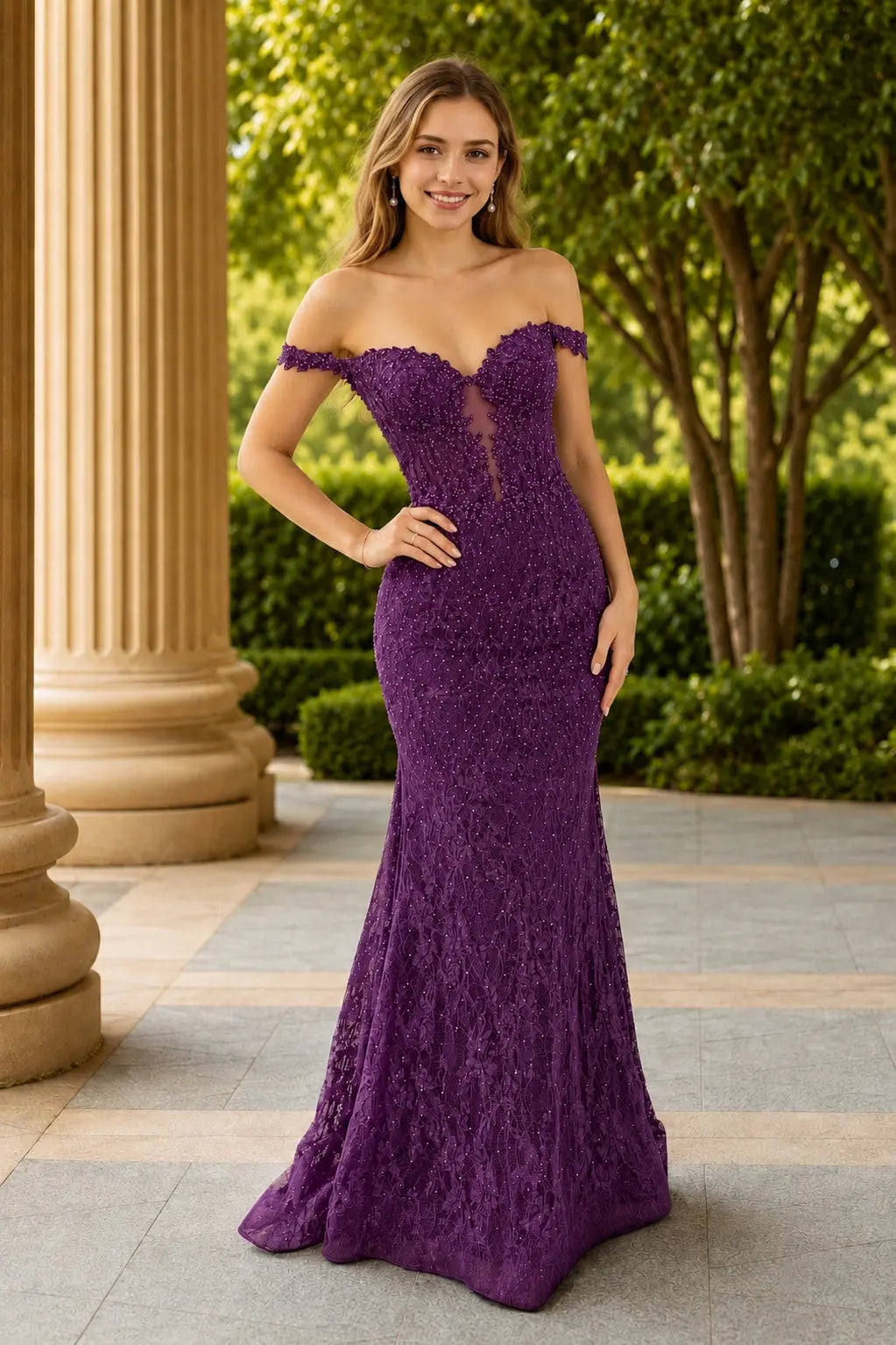 Mermaid Off the Shoulder Navy Lace Prom Dresses Long Evening Dresses KAIDRESS