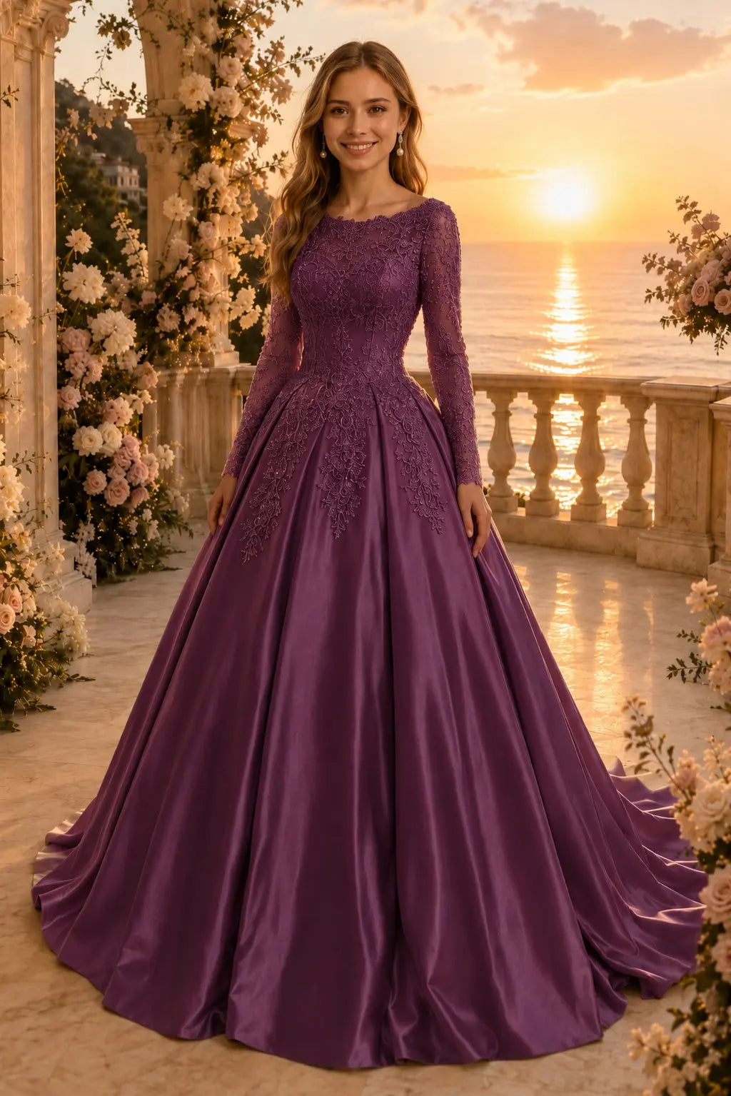 Ball Gown Long Sleeves Off-the-Shoulder Chapel Train Applique Satin Prom Dresses Kaidress
