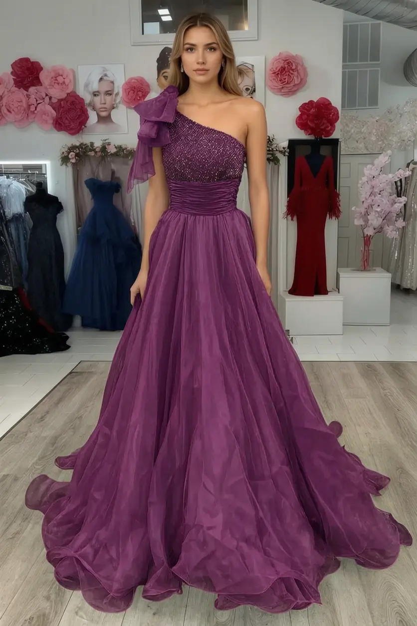 A Line Sparkly Sky Blue One Shoulder Long Prom Dress with Beading KAIDRESS