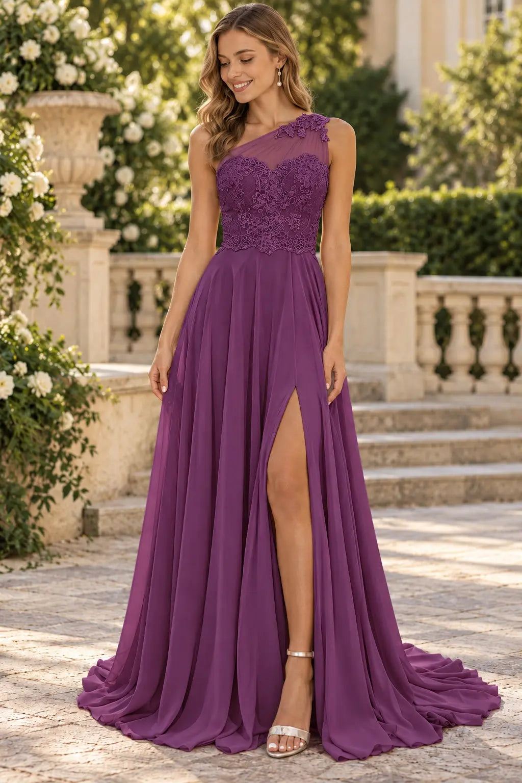 A-line One-Shoulder Sleeveless Chiffon Sweep Train Prom Dress With Appliqued Beading
