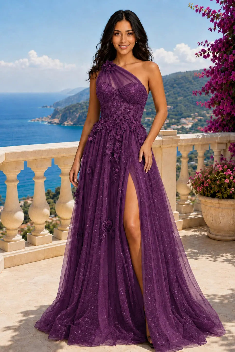 A-line One-Shoulder Sleeveless Long/Floor-Length Tulle Prom Dresses with Appliqued Split KAIDRESS