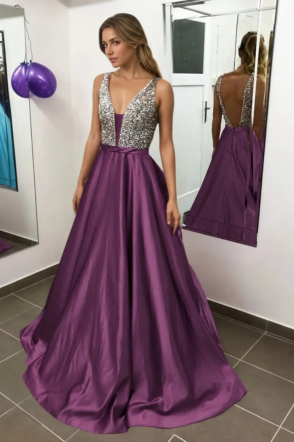 Satin Burgundy Formal Prom Dresses Sparkly Long Princess Evening Gowns