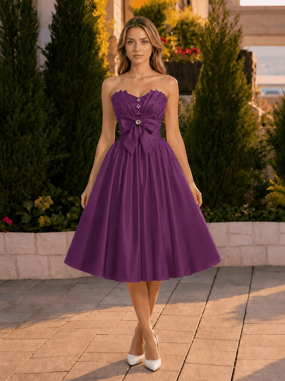 A-line Sweetheart Sleeveless Knee-Length Satin Homecoming Dress with Bow KAIDRESS
