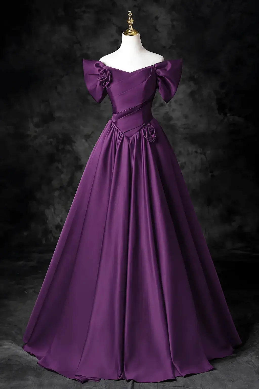 A-Line/Princess Satin Floor Length Formal Prom Dress, Off the Shoulder Prom Gown KAIDRESS