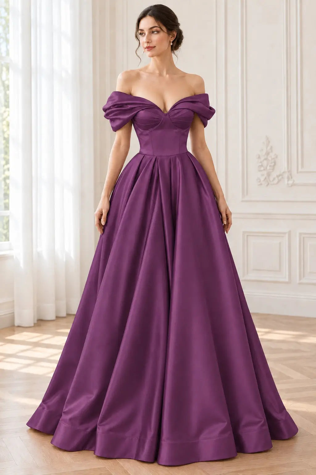 A-line Off-the-Shoulder Short Sleeve Satin Long/Floor-Length Prom Dresses With Ruffles Split