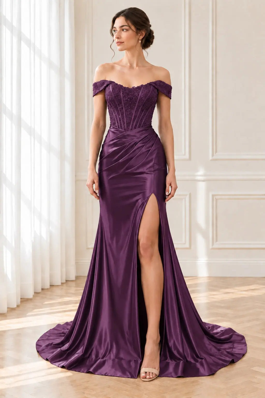 Trumpet/Mermaid Satin Ruched Off-the-Shoulder Prom Dresses Sleeveless Long Green Evening Gowns