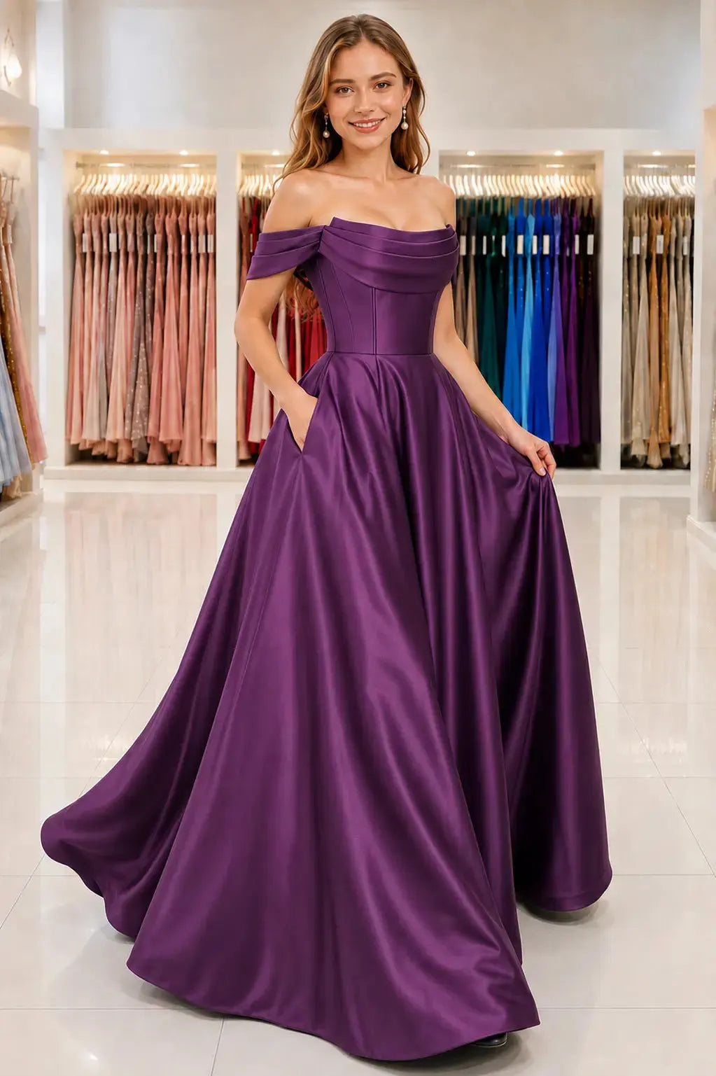 A-Line Satin Long Prom Dress, Simple Off the Shoulder Evening Party Dress With Pockets KAIDRESS
