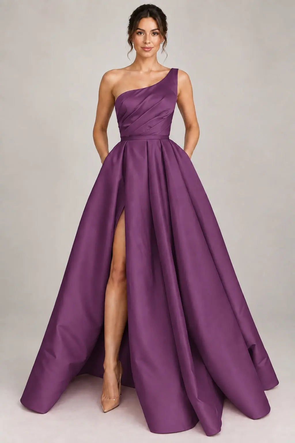 A-line Sleeveless One-Shoulder Long/Floor-Length Satin Prom Dress With Split Ruffles Pockets