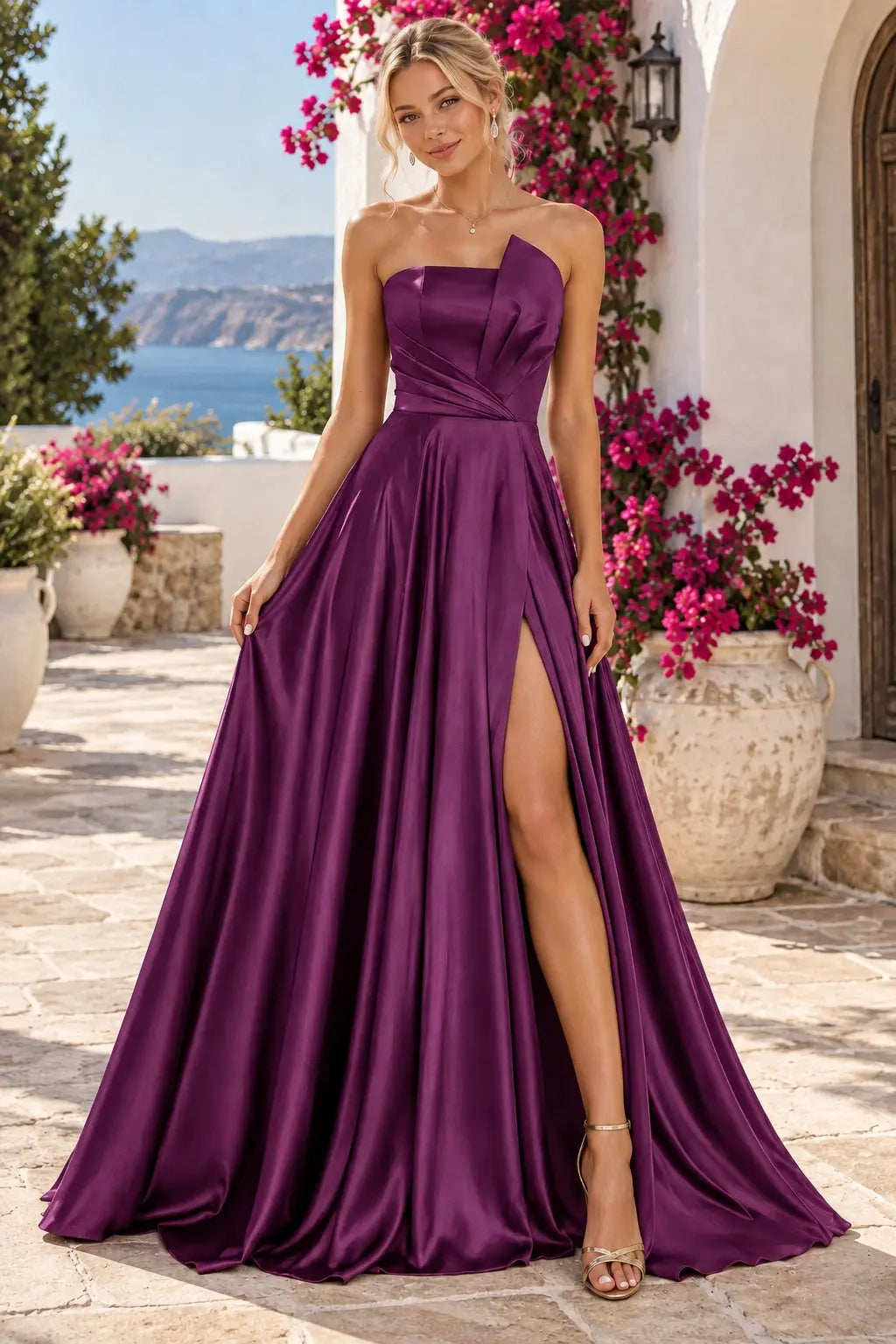 A-line Satin Formal Long Simple Sleeveless Prom Dresses with Slit