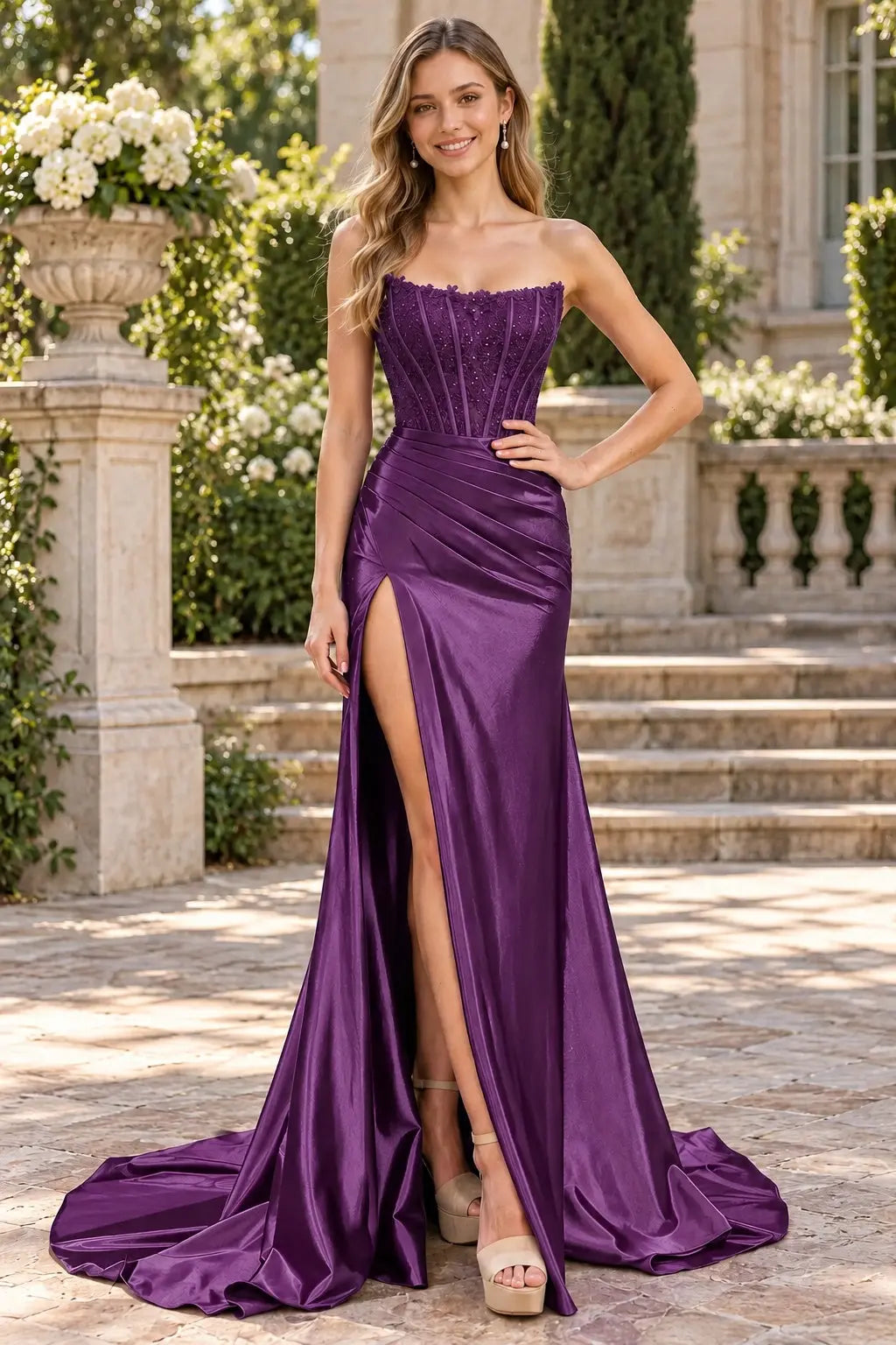 Royal Blue Satin Strapless Lace Corset Prom Dress with Thigh-High Slit
