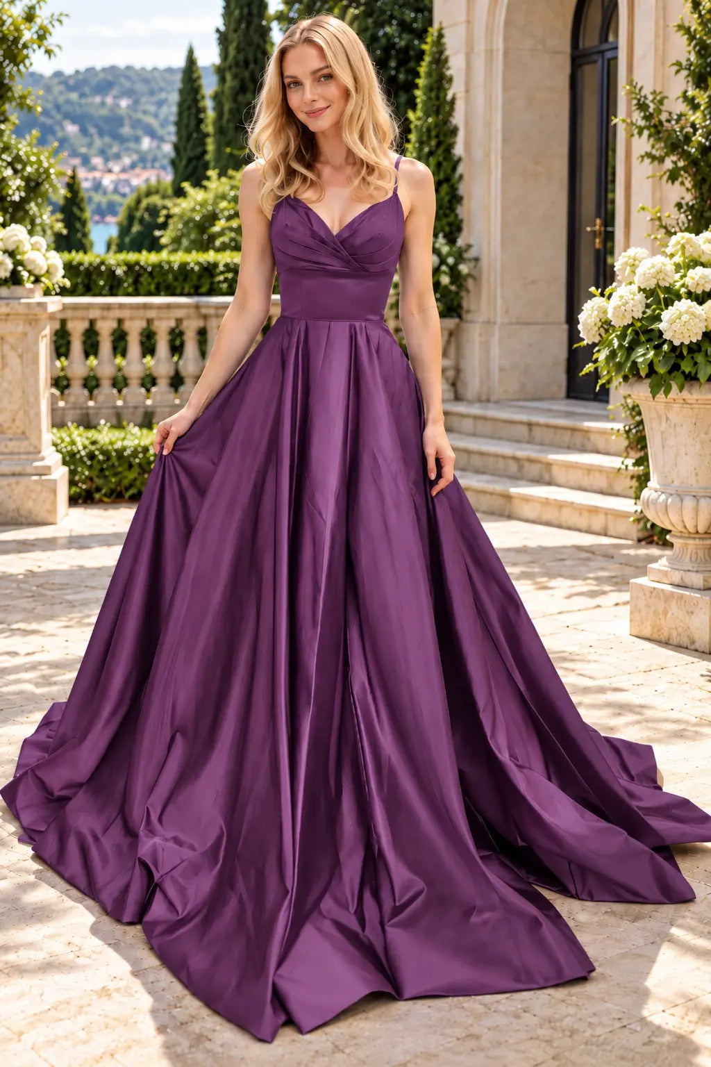 A-line V Neck Sleeveless Court Train Satin Prom Dresses With Bowknot Pleated Waistband