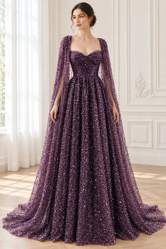Grape Sequin Lace Off-Shoulder A-Line Prom Dress with Lace-Up Closure