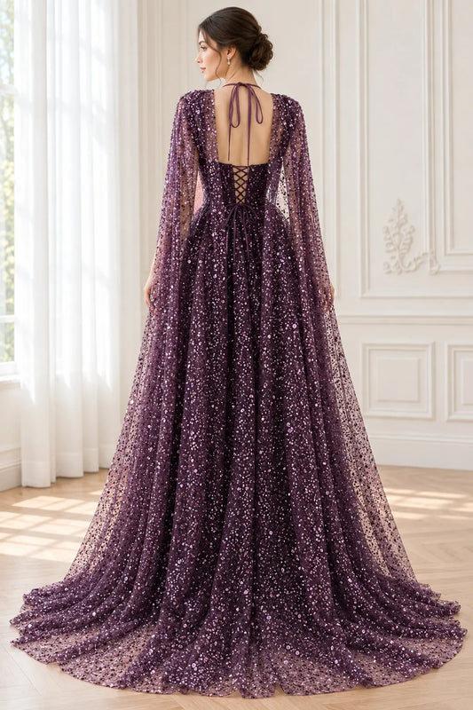 Grape Sequin Lace Off-Shoulder A-Line Prom Dress with Lace-Up Closure