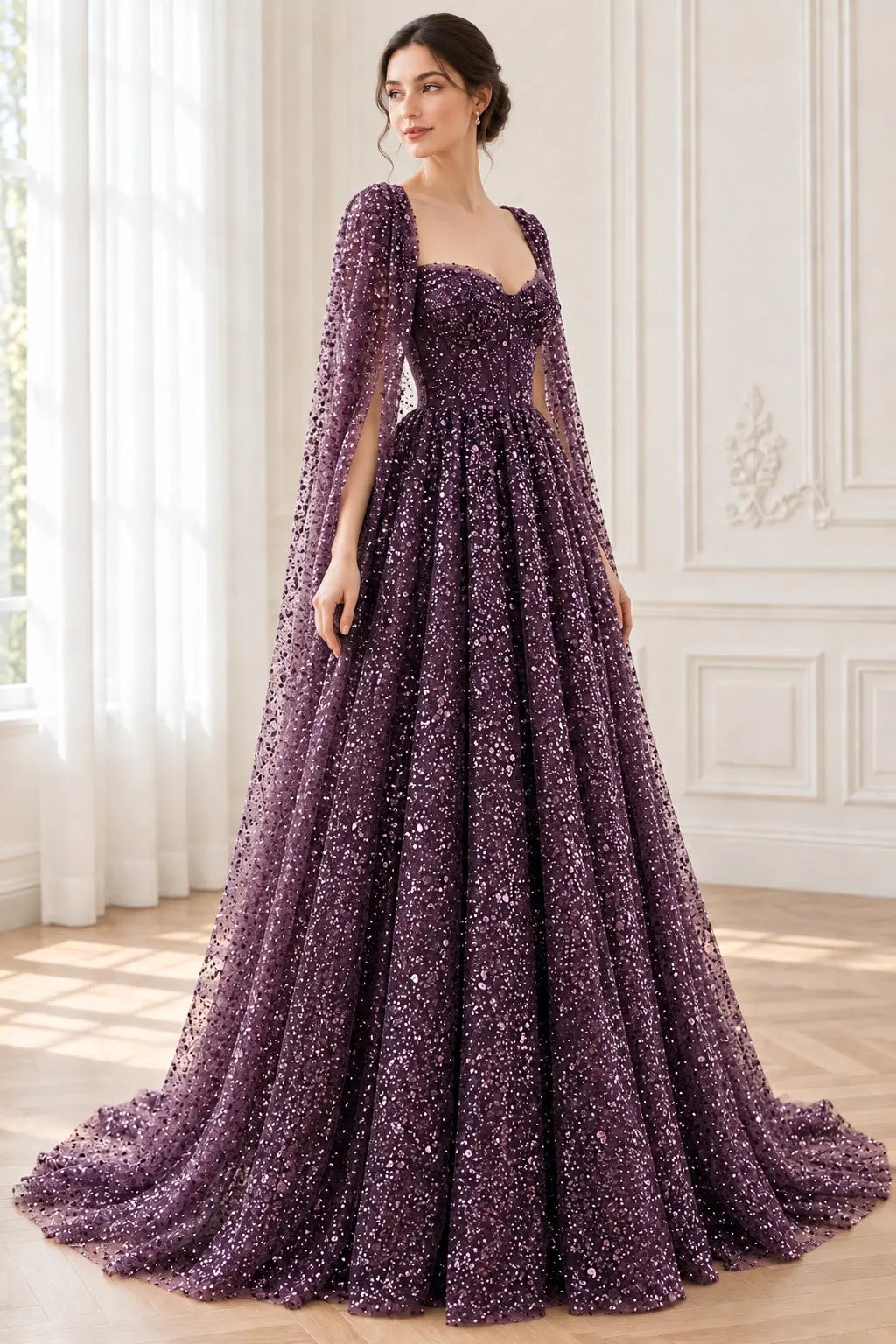Grape Sequin Lace Off-Shoulder A-Line Prom Dress with Lace-Up Closure