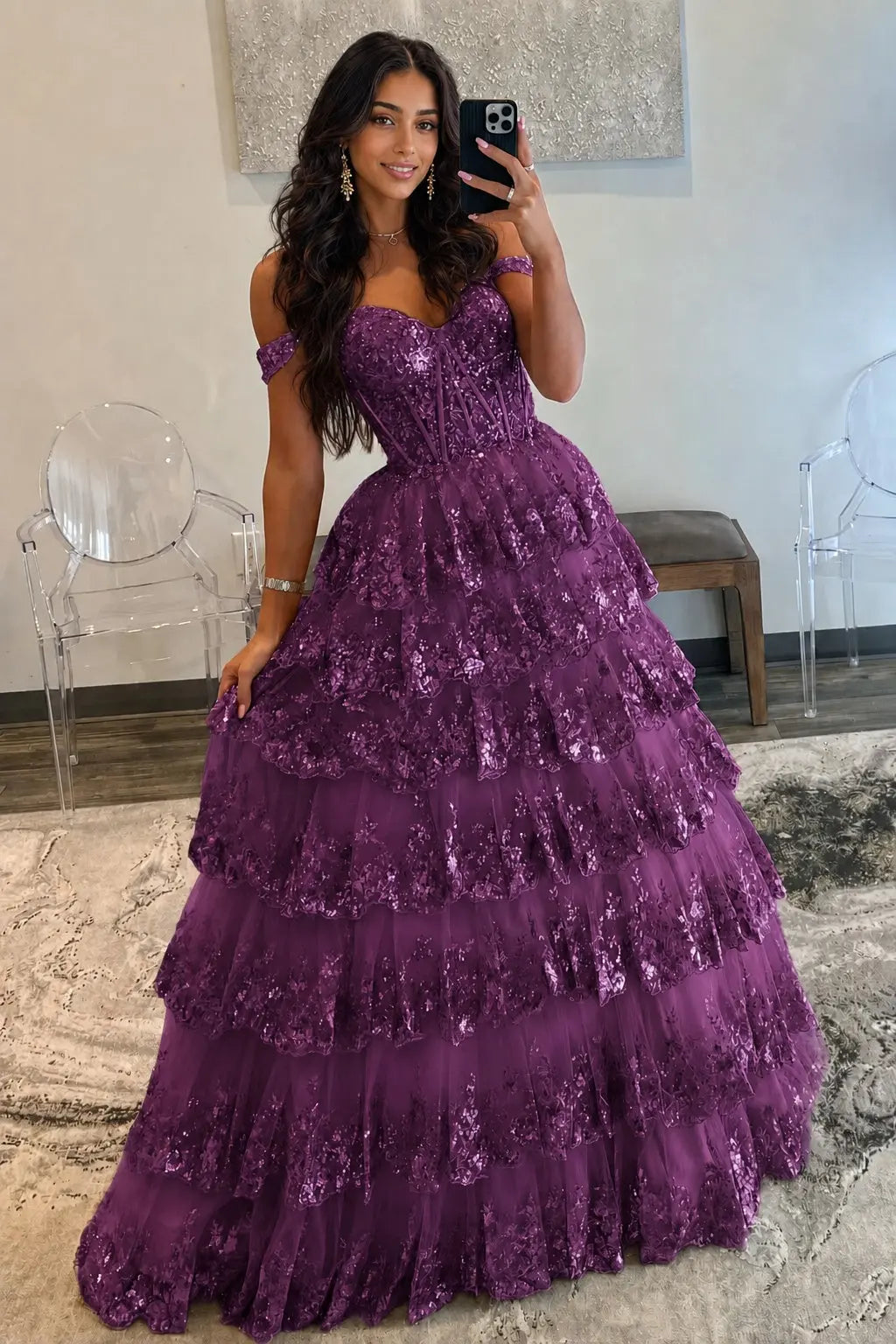 A-Line/Princess Princess Off the Shoulder Sequined Lace Prom Dress KAIDRESS