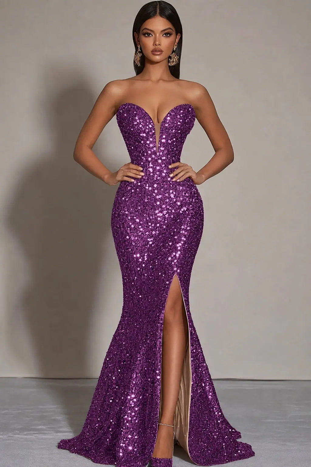 Sparkly Gold Sequins Mermaid Strapless Long Formal Dress with Slit Kaidress